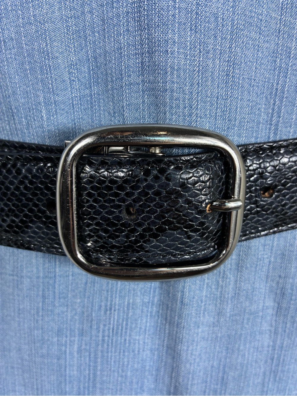 Womens Reversible belt 41” Textured blue snake print Leather Silver Buckle